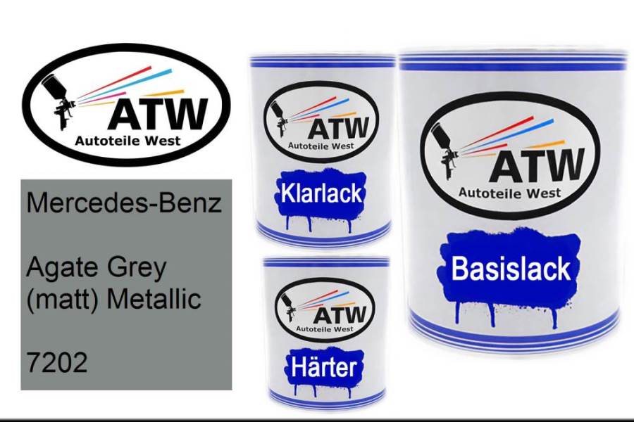 Mercedes-Benz, Agate Grey (matt) Metallic, 7202: 1L Lackdose + 1L Klarlack + 500ml Härter - Set, von ATW Autoteile West.